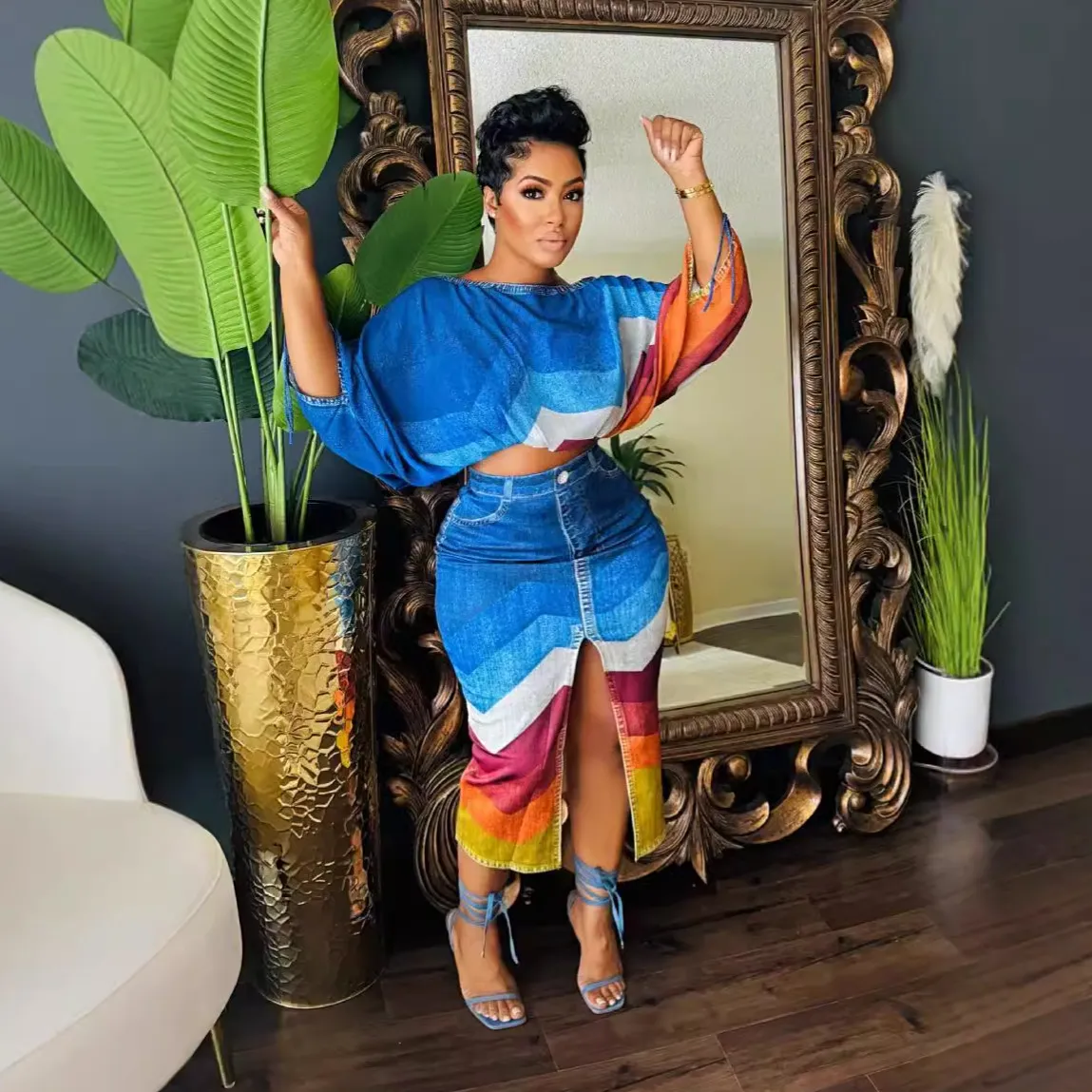 Women's Urban Wind Batwing Sleeve Top Split Skirt Two-Piece Set
