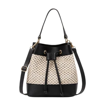 Simple Fashion Stitching Straw Bucket Handbag Drawstring
