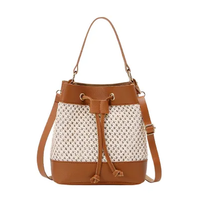 Simple Fashion Stitching Straw Bucket Handbag Drawstring