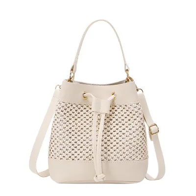 Simple Fashion Stitching Straw Bucket Handbag Drawstring