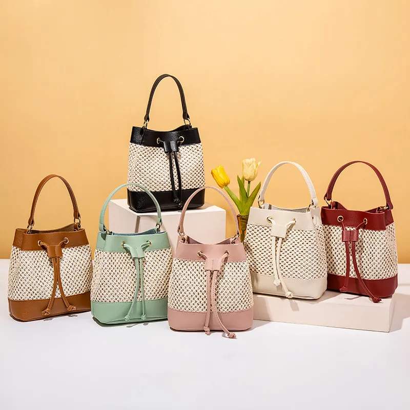Simple Fashion Stitching Straw Bucket Handbag Drawstring