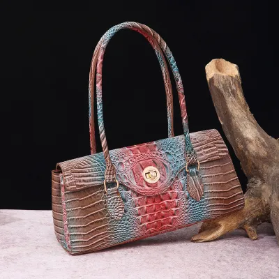 Vintage Multicolor Crocodile Embossed PU Leather Baguette Underarm Bag Handbags