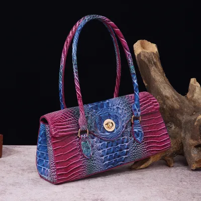 Vintage Multicolor Crocodile Embossed PU Leather Baguette Underarm Bag Handbags