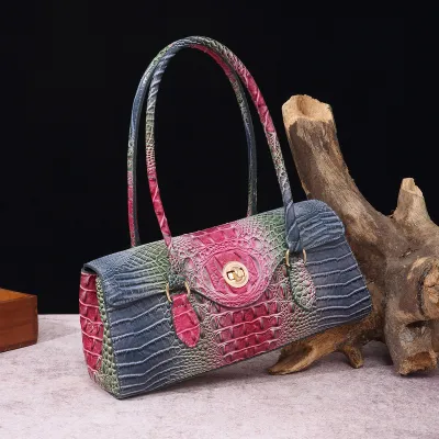Vintage Multicolor Crocodile Embossed PU Leather Baguette Underarm Bag Handbags