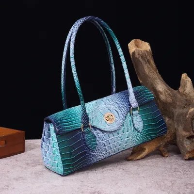 Vintage Multicolor Crocodile Embossed PU Leather Baguette Underarm Bag Handbags
