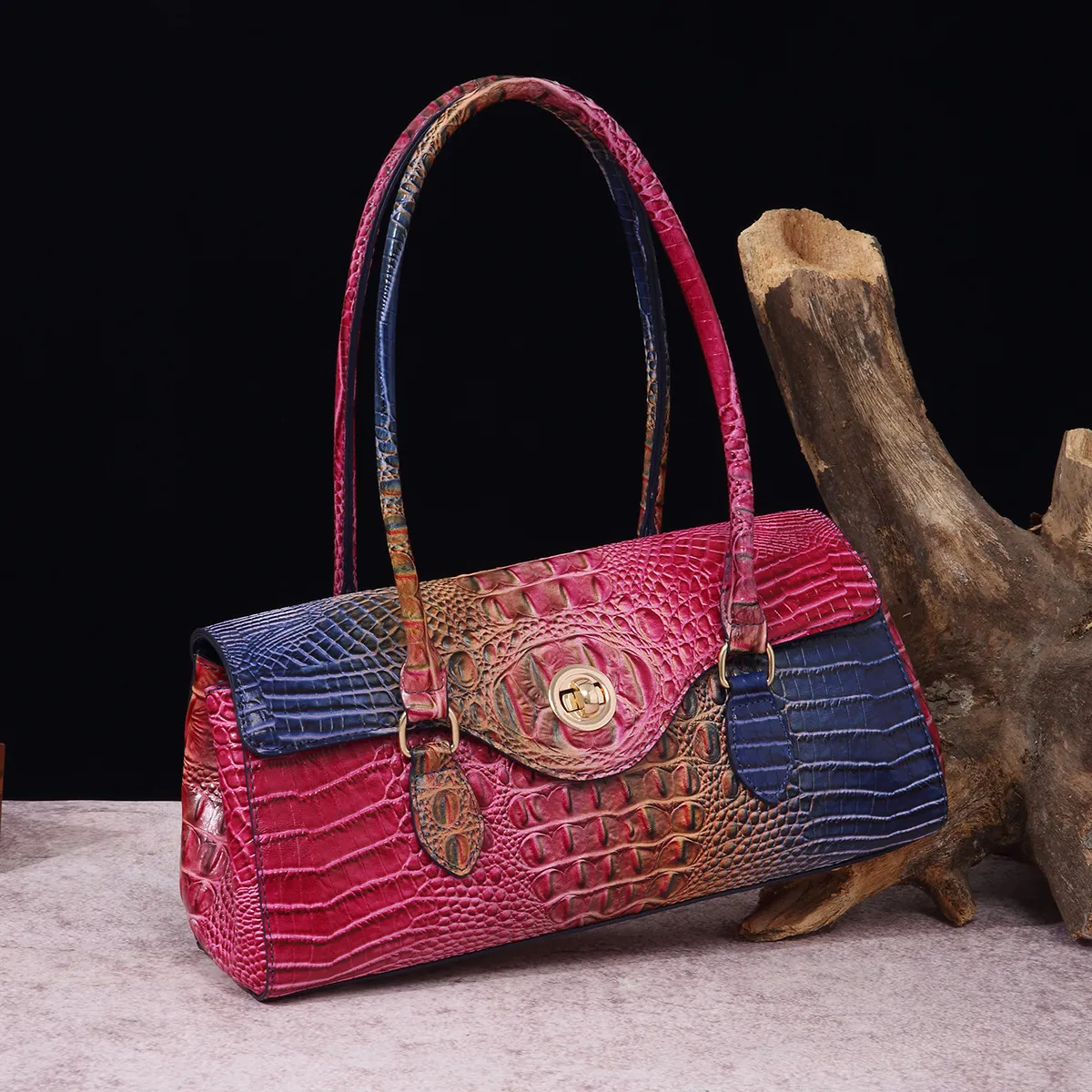 Vintage Multicolor Crocodile Embossed PU Leather Baguette Underarm Bag Handbags