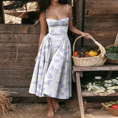 Summer Women Elegant Retro Dopamine Color Sling Swing Midi Dress