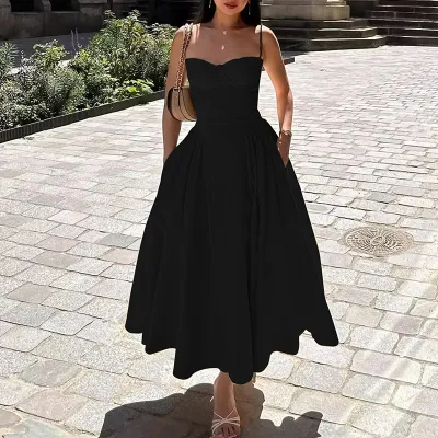 Summer Women Elegant Retro Dopamine Color Sling Swing Midi Dress