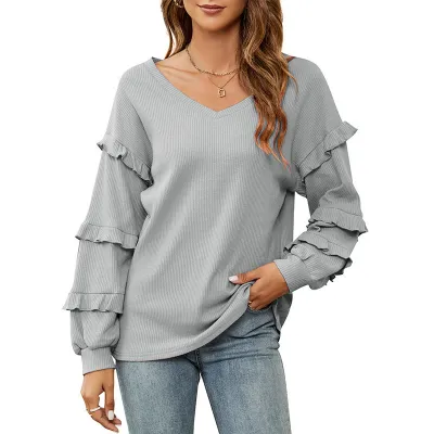 Women Autumn Winter Waffle V-Neck Ruffled Lantern Sleeve Pullover Sweatshirt