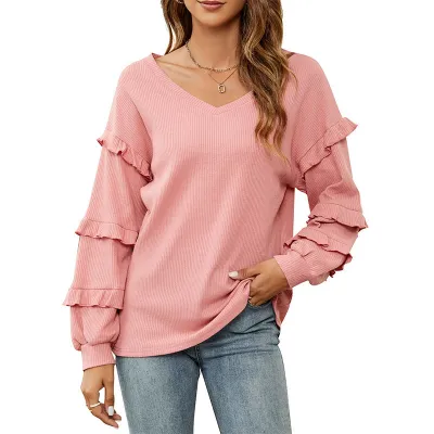 Women Autumn Winter Waffle V-Neck Ruffled Lantern Sleeve Pullover Sweatshirt