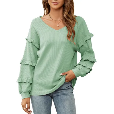 Women Autumn Winter Waffle V-Neck Ruffled Lantern Sleeve Pullover Sweatshirt