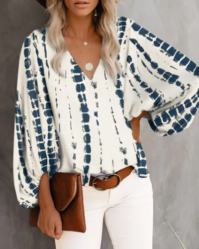 Spring Summer Autumn V-Neck Casual Floral Printed Lantern Sleeve Blouse