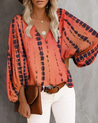 Spring Summer Autumn V-Neck Casual Floral Printed Lantern Sleeve Blouse
