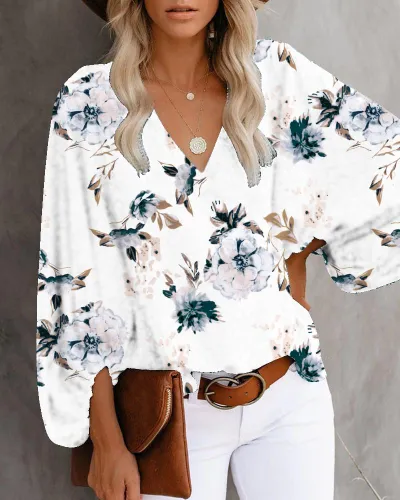 Spring Summer Autumn V-Neck Casual Floral Printed Lantern Sleeve Blouse