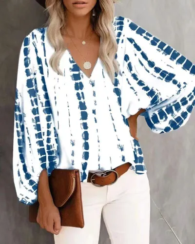 Spring Summer Autumn V-Neck Casual Floral Printed Lantern Sleeve Blouse