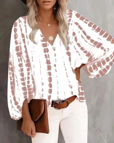 Spring Summer Autumn V-Neck Casual Floral Printed Lantern Sleeve Blouse