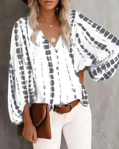 Spring Summer Autumn V-Neck Casual Floral Printed Lantern Sleeve Blouse
