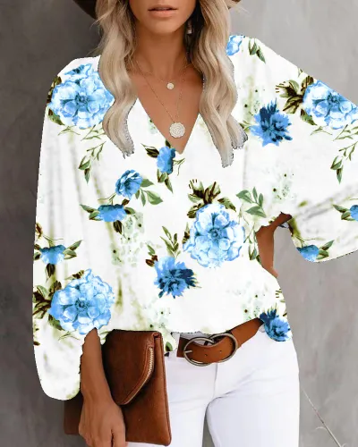 Spring Summer Autumn V-Neck Casual Floral Printed Lantern Sleeve Blouse