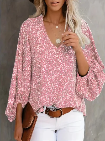 Spring Summer Autumn V-Neck Casual Floral Printed Lantern Sleeve Blouse