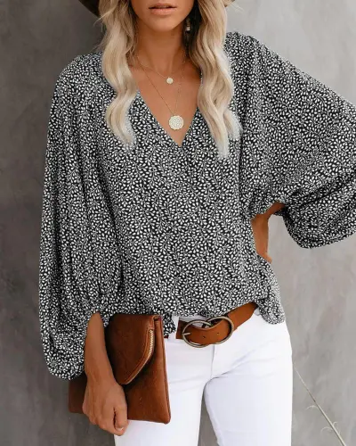 Spring Summer Autumn V-Neck Casual Floral Printed Lantern Sleeve Blouse