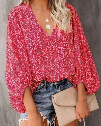Spring Summer Autumn V-Neck Casual Floral Printed Lantern Sleeve Blouse