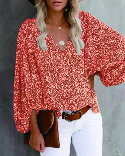 Spring Summer Autumn V-Neck Casual Floral Printed Lantern Sleeve Blouse