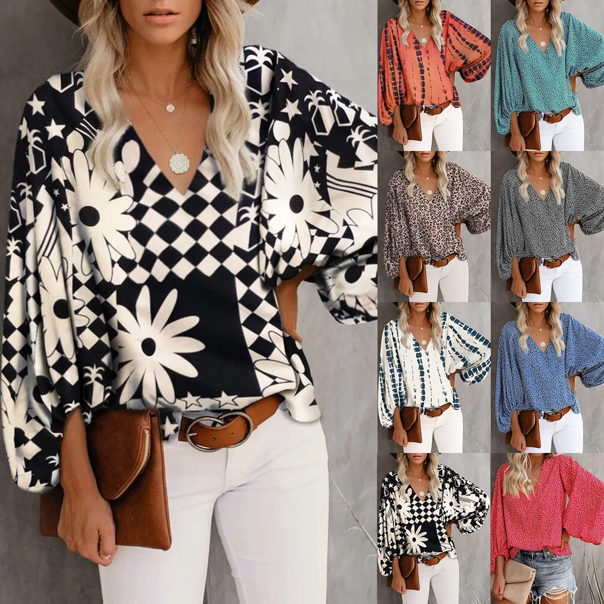 Spring Summer Autumn V-Neck Casual Floral Printed Lantern Sleeve Blouse