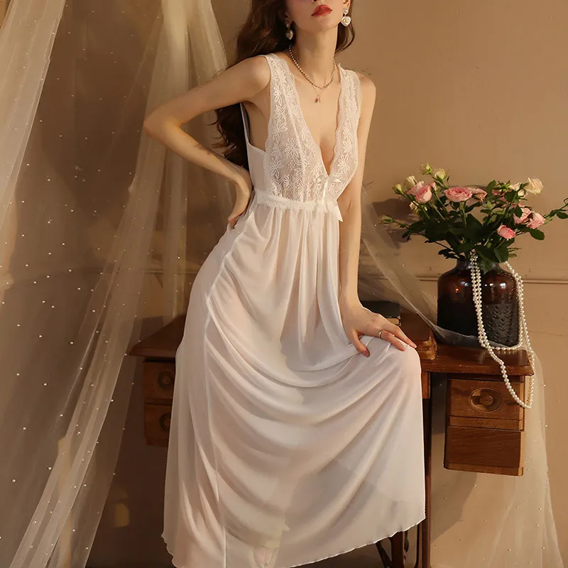 Women Sexy Deep V Mesh Perspective Sling Pajamas