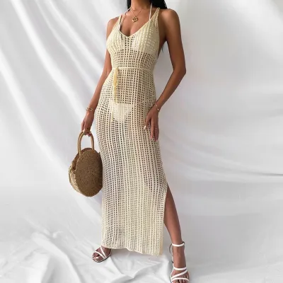 Summer Women Knitted Hollow Strap Bikini Swimsuit Cover-Up Dress