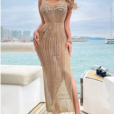 Summer Women Knitted Hollow Strap Bikini Swimsuit Cover-Up Dress