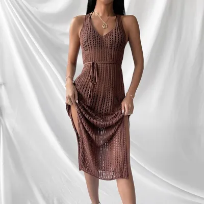 Summer Women Knitted Hollow Strap Bikini Swimsuit Cover-Up Dress