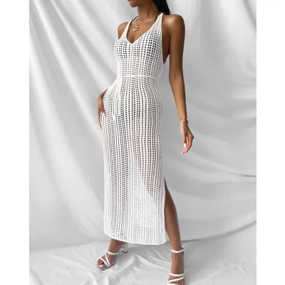 Summer Women Knitted Hollow Strap Bikini Swimsuit Cover-Up Dress