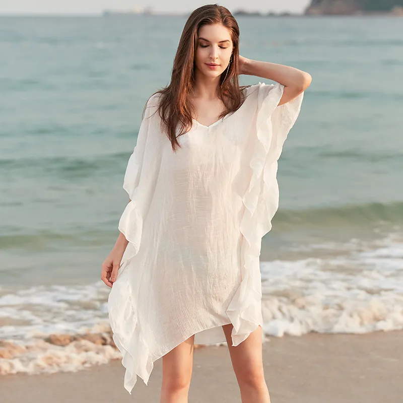 Summer Women Casual Vacation Beach Bat Sleeve Irregular Hem Swimwear Cover-Up