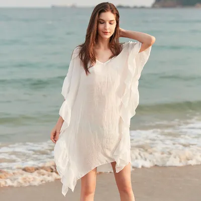 Summer Women Casual Vacation Beach Bat Sleeve Irregular Hem Swimwear Cover-Up