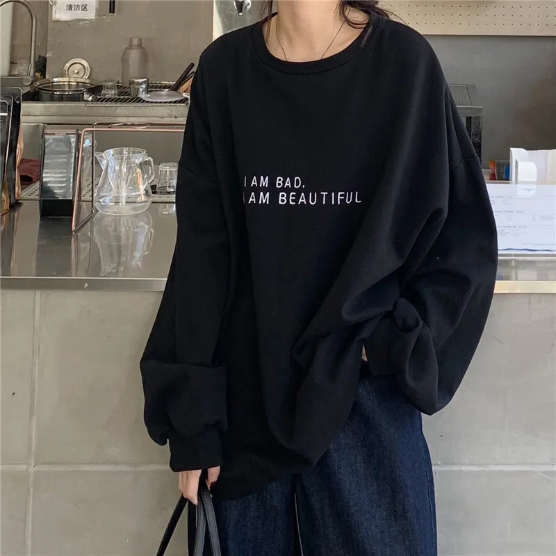Women's Pullover Sweatshirt Solid Color Letter Print Round Neck Long Sleeve Commuter Style