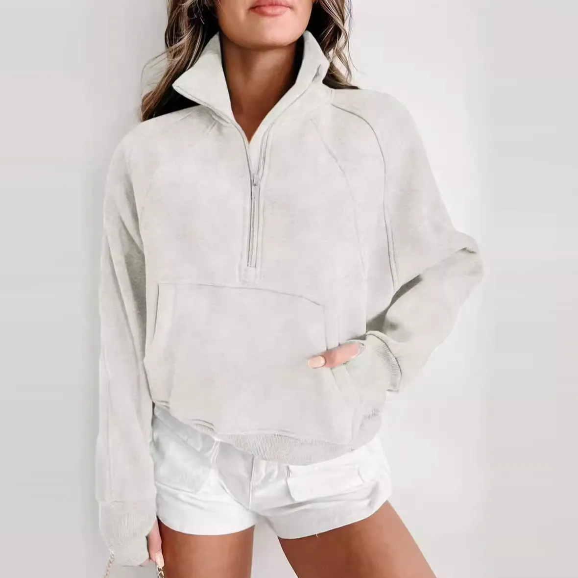 Autumn Women Fashion Solid Color Stand Collar Half Zipper Long Sleeve Pullover Sweatshirt