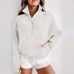 Autumn Women Fashion Solid Color Stand Collar Half Zipper Long Sleeve Pullover Sweatshirt