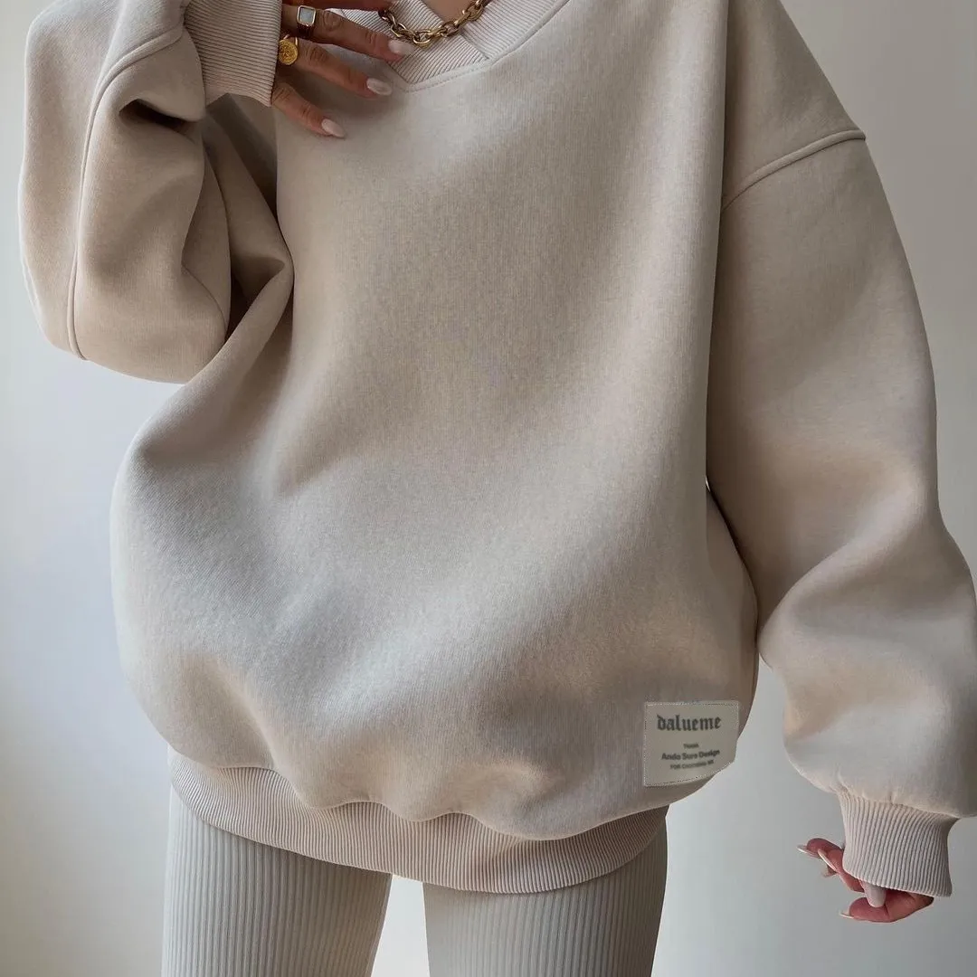 Autumn Winter Women Fashion Solid Color Loose Fit V-Neck Long Sleeve Pullover Sweatshirt