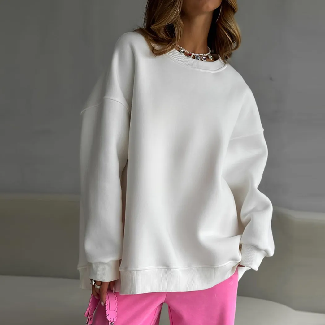 Autumn Winter Women Casual Solid Color Loose Fit Round Neck Long Sleeve Pullover Sweatshirt