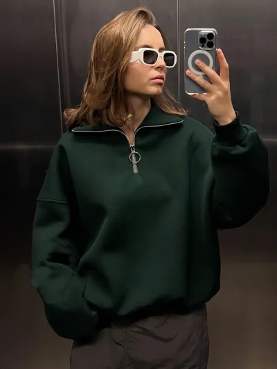 Autumn Winter Women Casual Lapel Zipper Pullover Sweatshirt