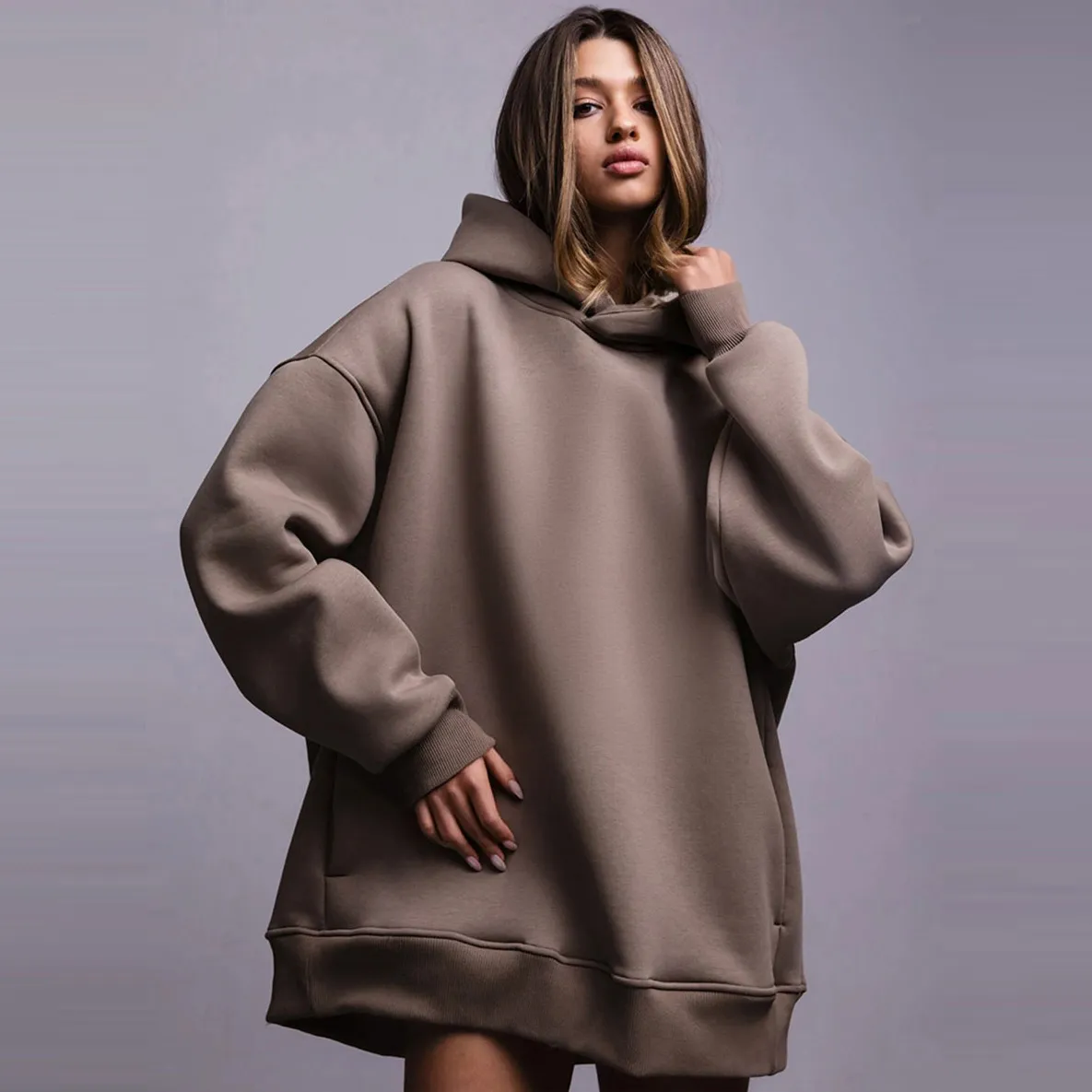 Autumn Winter Women Casual Loose Solid Color Long Sleeve Hooded Pullover Sweatshirt