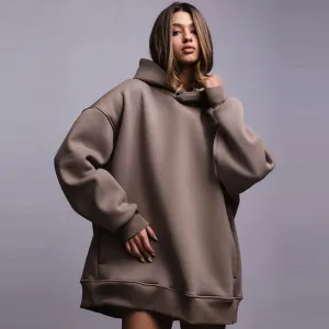 Autumn Winter Women Casual Loose Solid Color Long Sleeve Hooded Pullover Sweatshirt