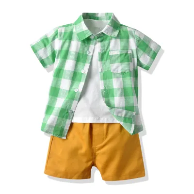 Kids Toddler Boys Fashion Casual Plaid Print T-Shirt Short Sleeve Lapel Shirt Shorts Three-Piece Set