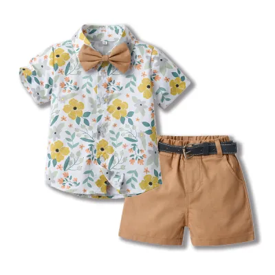 Kids Toddler Boys Casual Party Tiny Flower Print Short Sleeve Lapel Shirt and Shorts Sets