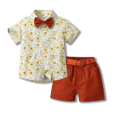 Kids Toddler Boys Casual Party Tiny Flower Print Short Sleeve Lapel Shirt and Shorts Sets