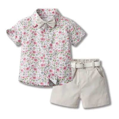 Kids Toddler Boys Casual Party Tiny Flower Print Short Sleeve Lapel Shirt and Shorts Sets