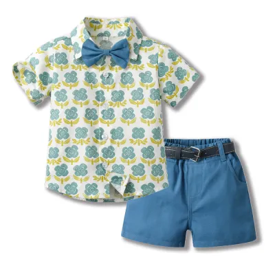 Kids Toddler Boys Casual Party Tiny Flower Print Short Sleeve Lapel Shirt and Shorts Sets