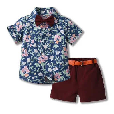 Kids Toddler Boys Casual Party Tiny Flower Print Short Sleeve Lapel Shirt and Shorts Sets