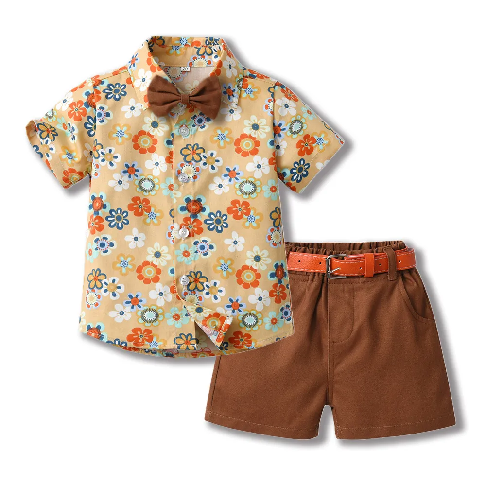 Kids Toddler Boys Casual Party Tiny Flower Print Short Sleeve Lapel Shirt and Shorts Sets