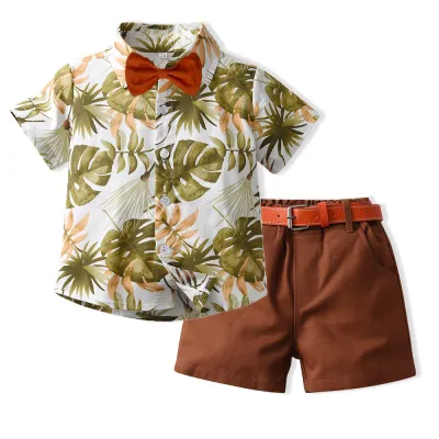 Kids Toddler Boys Casual Party Cartoon Animal Tiny Flower Print Short Sleeve Lapel Shirt Shorts Set